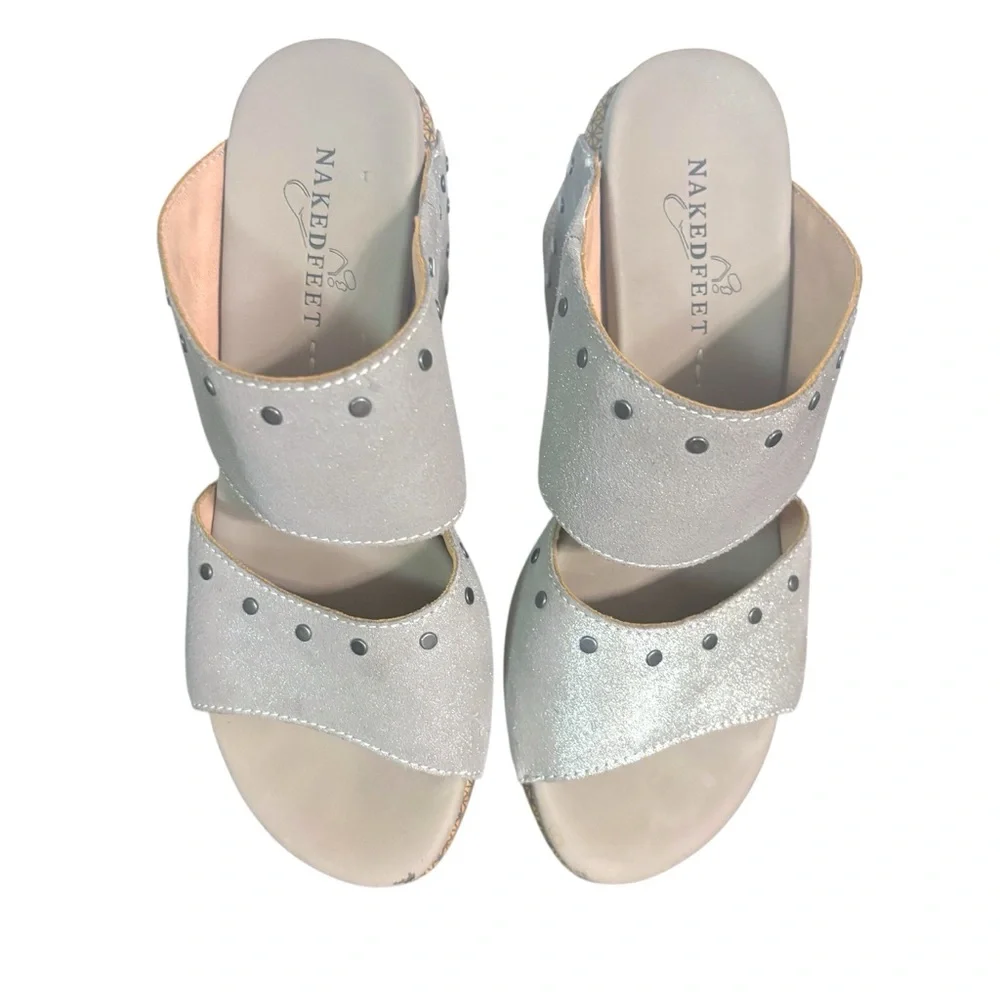 Naked Feet Beslow Leather Platform Slide Sandal Chunky Heel Silver 8
